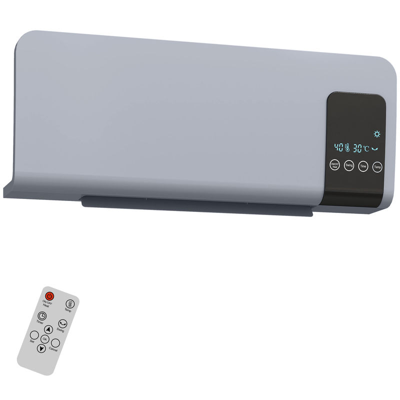 Homcom aquecedor elétrico de parede 1000w/2000w aquecedor com ecrã led controlo remoto termostato temporizador para áreas de 15-20 m² 54,5x12x21,5 cm
