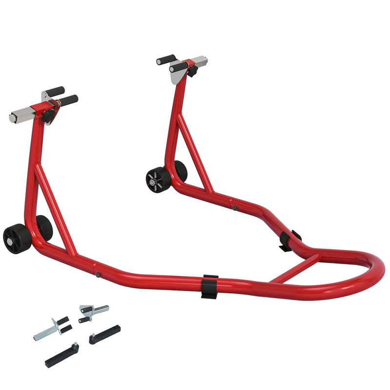 Homcom suporte de moto dianteiro universal de acier para roda de 10" 17" 18" carga 200 kg com garfos em u e l ajustáveis rodas e almofadas antiderrapantes para reparação em garagem 70x47x34,5 cm rouge