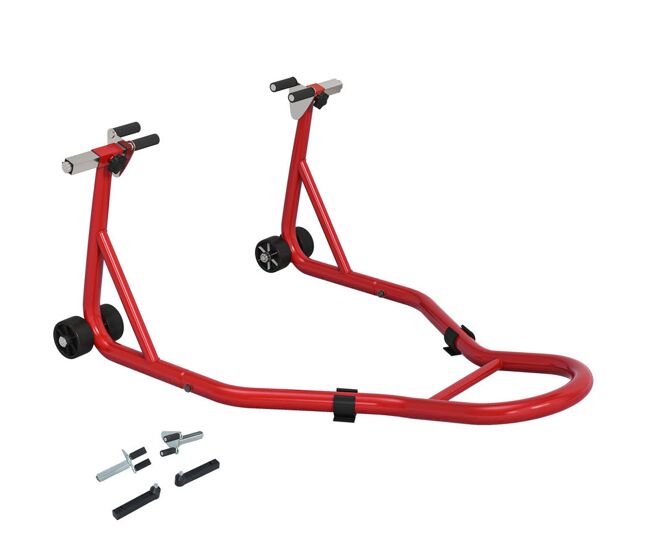 Homcom suporte de moto dianteiro universal de acier para roda de 10" 17" 18" carga 200 kg com garfos em u e l ajustáveis rodas e almofadas antiderrapantes para reparação em garagem 70x47x34,5 cm rouge