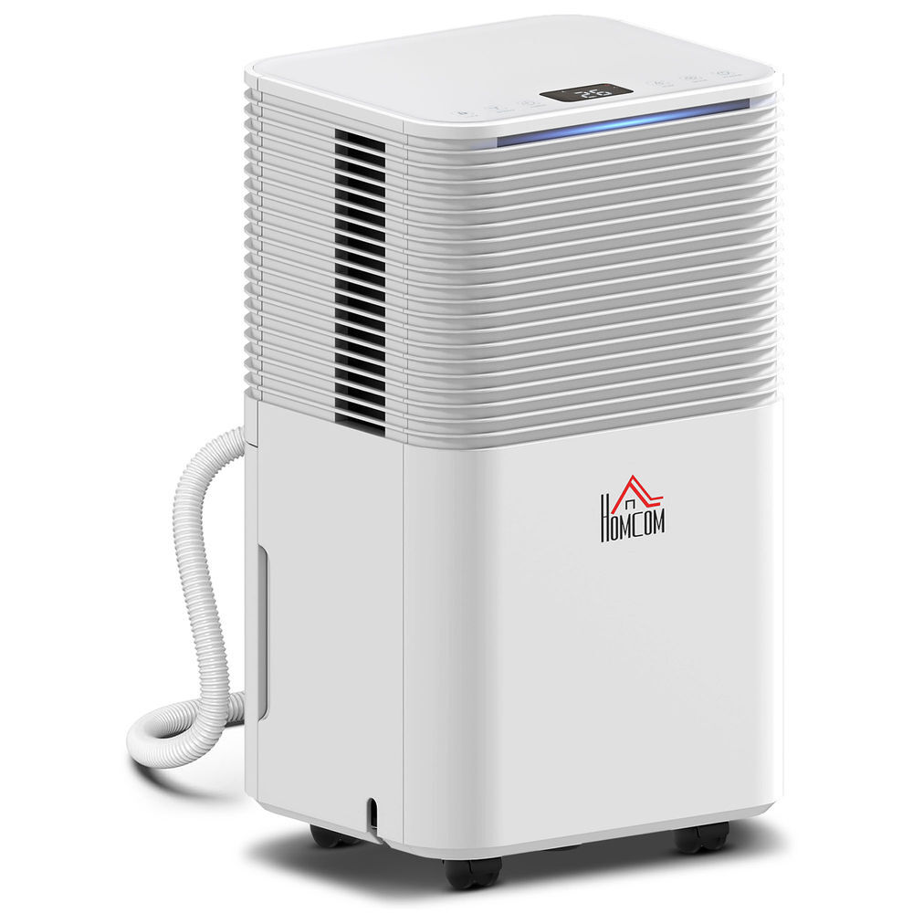Homcom Desumidificador 10L/Dia Depósito 2L Silencioso Desumidificador Elétrico Com 3 Modos Ecrã Led Temporizador 24H Bloqueio Infantil E Drenagem Contínua Até 12M² Branco