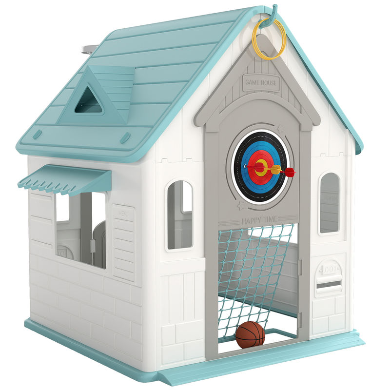 Aiyaplay casa infantil exterior e interior 5 em 1 casa de jardim com lançamento de anéis basquetebol futebol dardos casa de jogos para enfants dos 2 aos 5 anos 132x118x124 cm bege