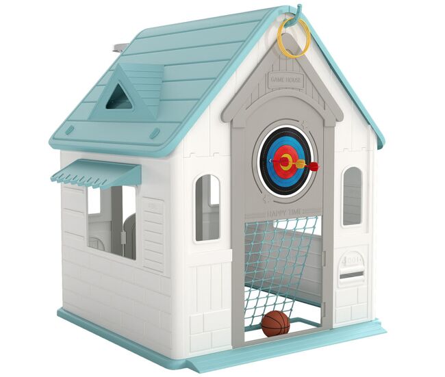 Aiyaplay casa infantil exterior e interior 5 em 1 casa de jardim com lançamento de anéis basquetebol futebol dardos casa de jogos para enfants dos 2 aos 5 anos 132x118x124 cm bege