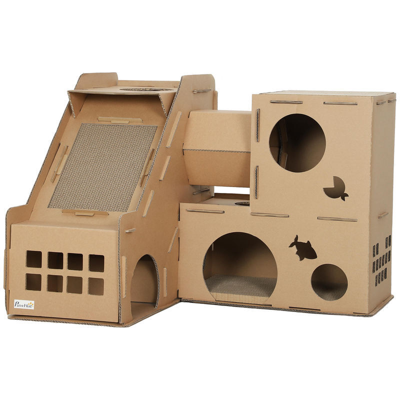 Pawhut casa para gatos de cartão forma de castelo arranhador para gatos de 2 níveis com 3 zonas de arranhar túnel, rampa inclui erva para interior