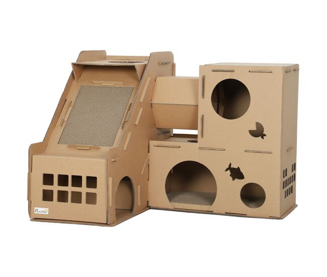 Pawhut casa para gatos de cartão forma de castelo arranhador para gatos de 2 níveis com 3 zonas de arranhar túnel, rampa inclui erva para interior