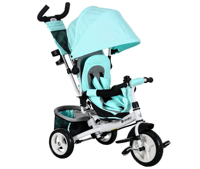 Homcom triciclo para bebés 2 em 1 triciclo evolutivo para crianças de +12 meses com capota dobrável guiador telescópico e removível bolsa e porta-
