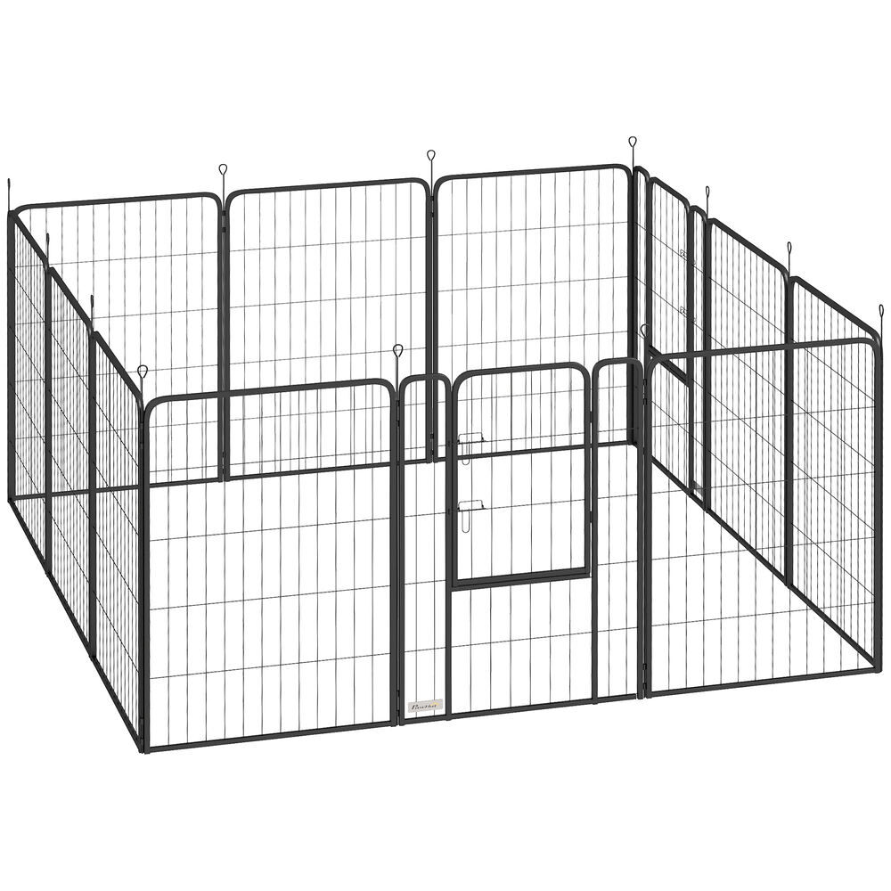 Pawhut parque para cães de 12 painéis 68x100 cm parque dobrável para cães médios com portas fecho e estacas para interior e exterior preto