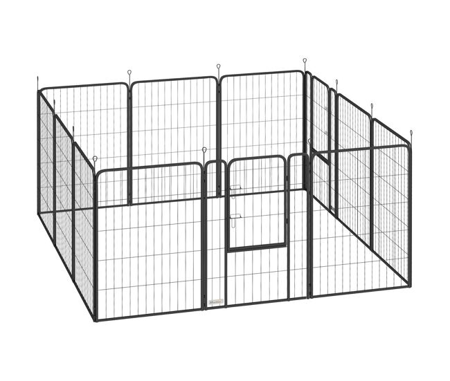 Pawhut parque para cães de 12 painéis 68x100 cm parque dobrável para cães médios com portas fecho e estacas para interior e exterior preto