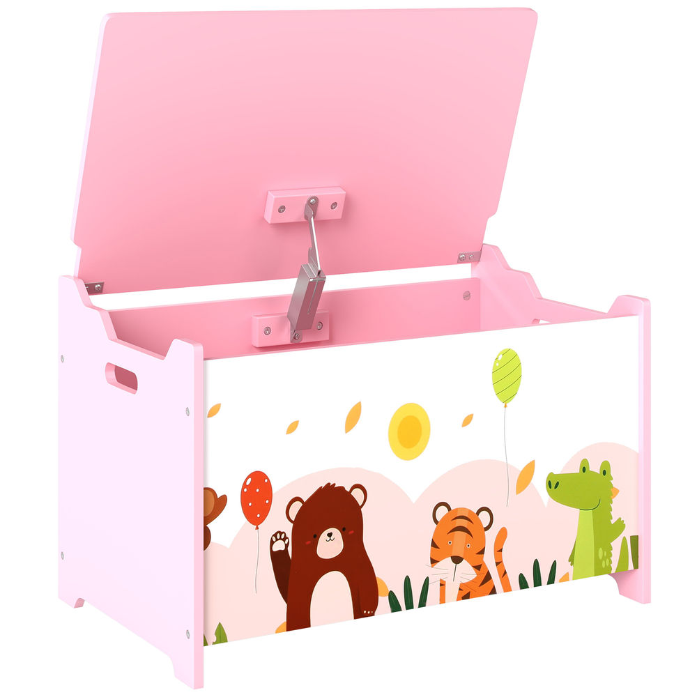 Aiyaplay baú de armazenamento de brinquedos baú de brinquedos infantil tampa rebatível com fecho suave e alças estampados de animais para livros roupa em quarto sala de jogos 60x37x39 cm rosa