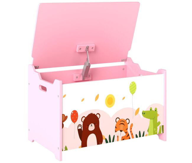 Aiyaplay baú de armazenamento de brinquedos baú de brinquedos infantil tampa rebatível com fecho suave e alças estampados de animais para livros roupa em quarto sala de jogos 60x37x39 cm rosa