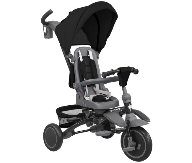 Aiyaplay triciclo evolutivo 6 em 1 triciclo para bebés dobrável 1-5 anos assento giratório de 360° guidão encosto reclinável toldo cinto de segurança cesto, apoio para pés 111,5x52x98 cm noir