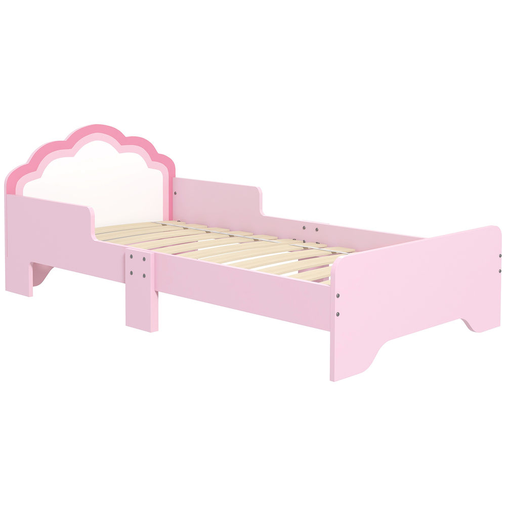 Zonekiz cama para crianças 70x140 cm com barreira antiqueda e estrado cama infantil com cabeceira em forma de nuvem rosa