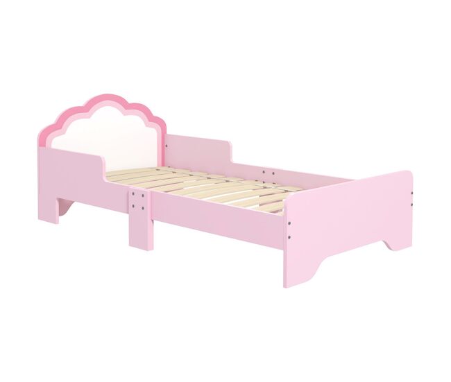 Zonekiz cama para crianças 70x140 cm com barreira antiqueda e estrado cama infantil com cabeceira em forma de nuvem rosa