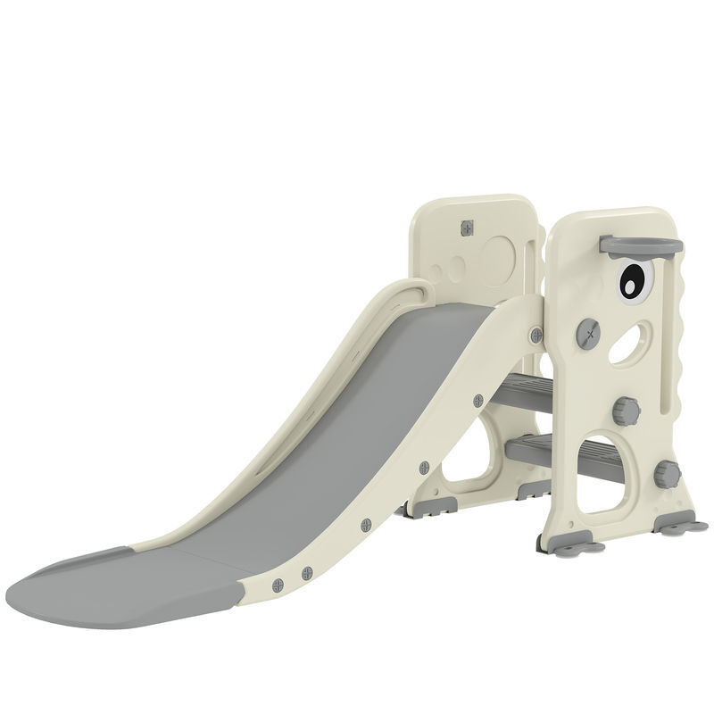 Aiyaplay escorrega infantil 3 em 1 escorrega para enfants dos 2 aos 5 anos dobrável com escada cesto de basquetebol desenho de dinossauro e fivelas reforçadas para interior 146x52x65 cm creme e gris