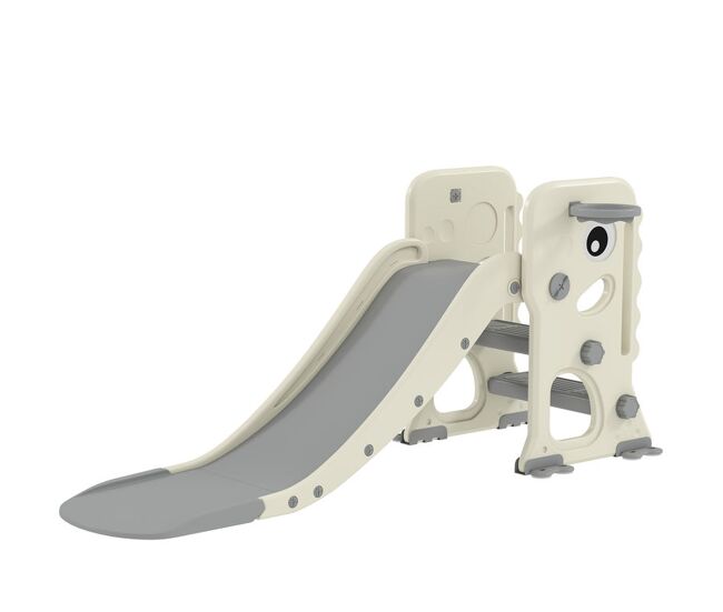 Aiyaplay escorrega infantil 3 em 1 escorrega para enfants dos 2 aos 5 anos dobrável com escada cesto de basquetebol desenho de dinossauro e fivelas reforçadas para interior 146x52x65 cm creme e gris