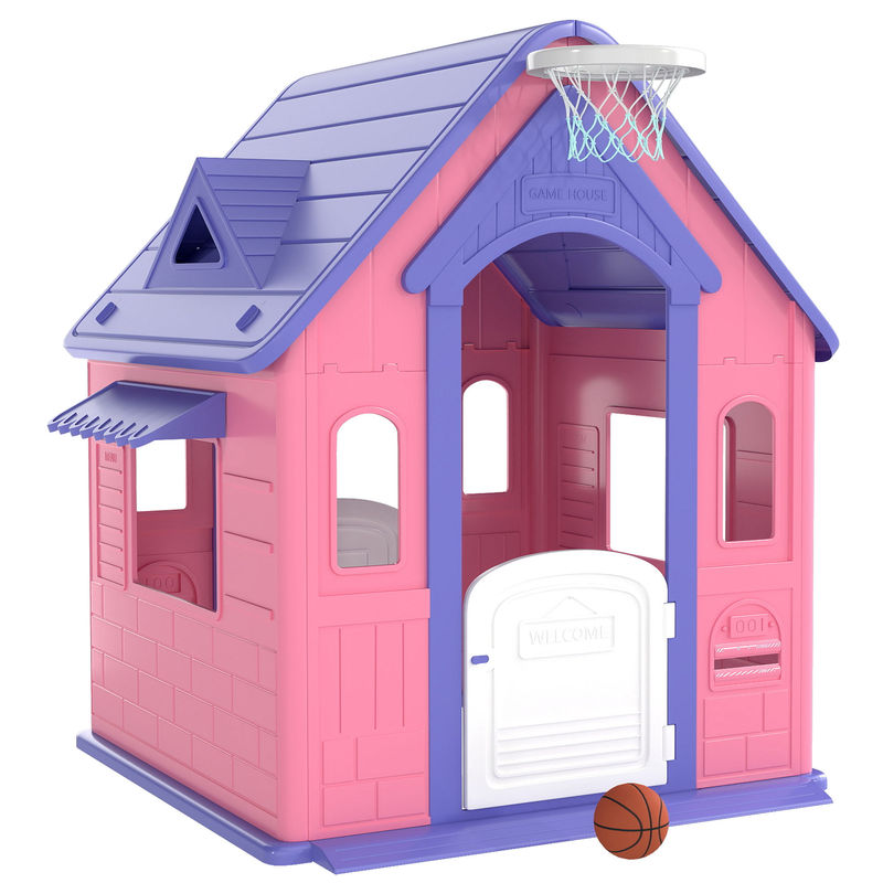 Aiyaplay casinha infantil para exterior e interior 3 em 1 casinha de jardim com lançamento de aros e basquetebol casa de jogos para crianças de 2-5