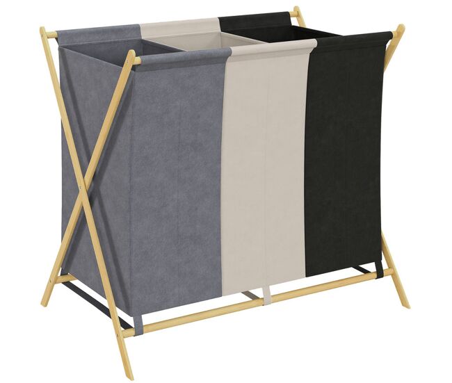 Homcom cesto para roupa suja dobrável com 3 compartimentos capacidade de 129l cesto para a lavandaria com estrutura em forma de x de bambu e sacos