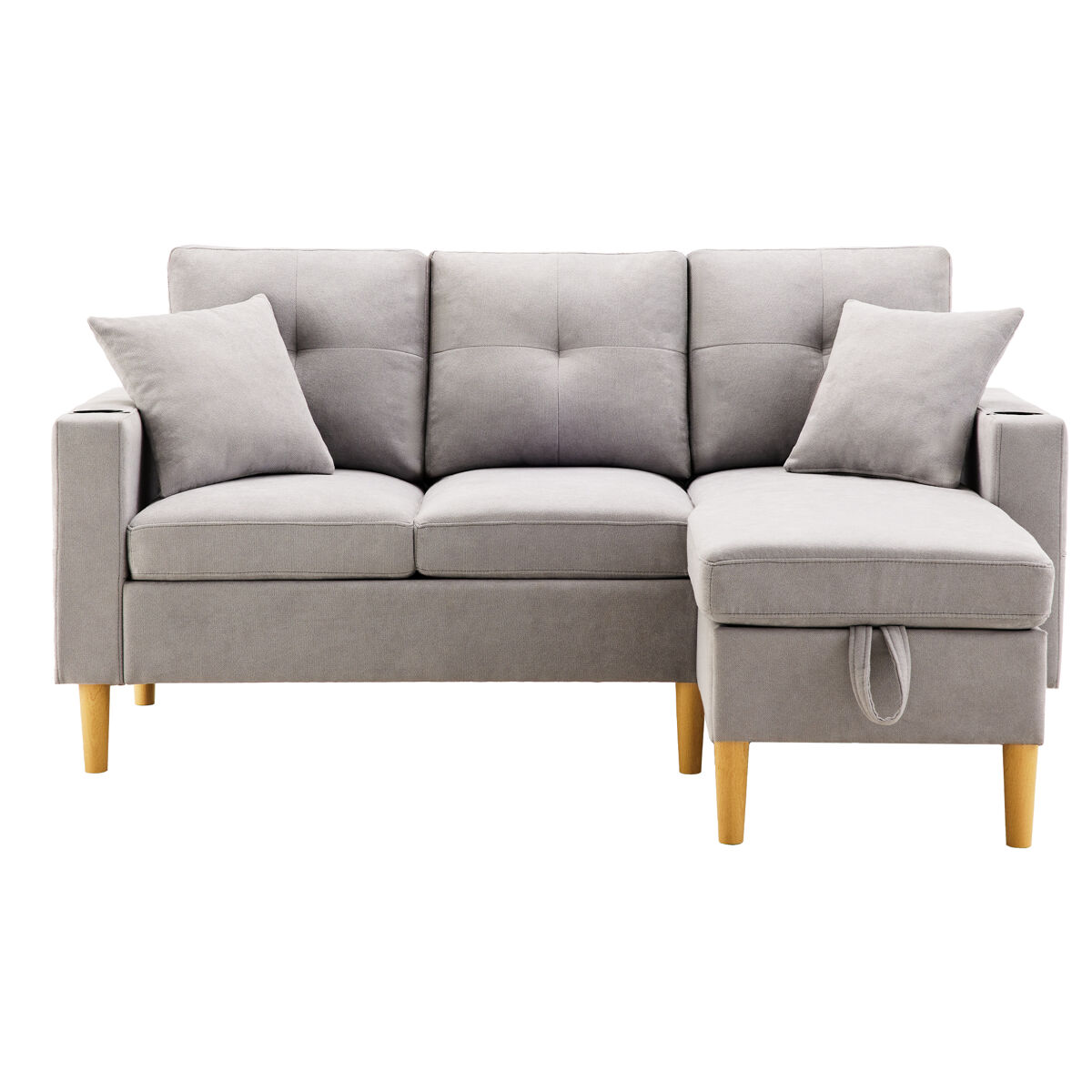 Sofá em l de 3 lugares - com chaise longue, arrumação, porta-copos, 2 almofadas incluídas - cinza claro