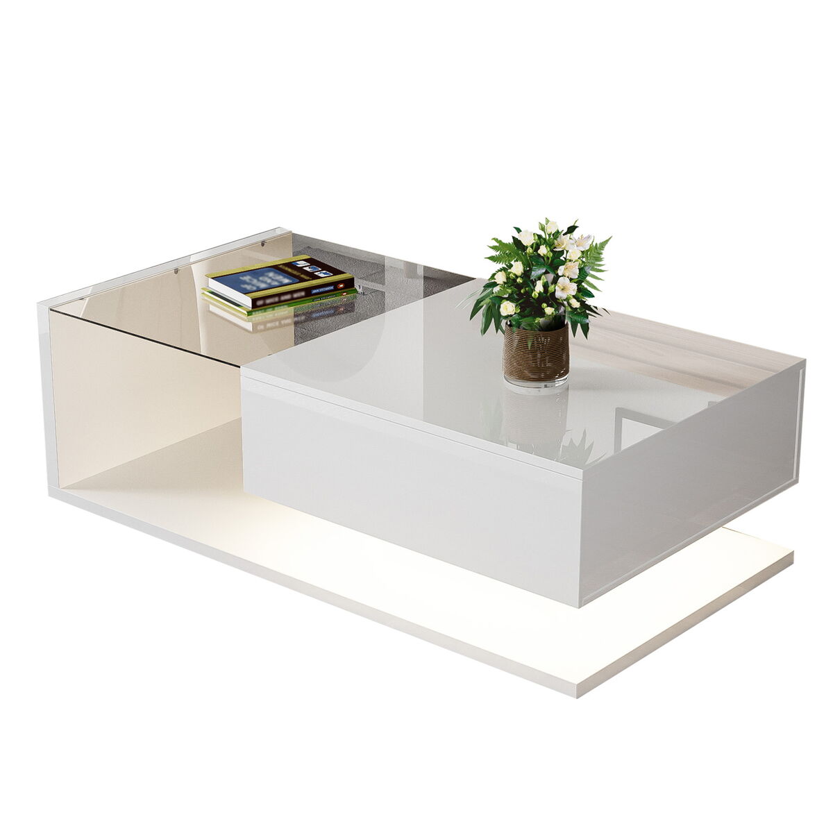 Mesa de centro moderna com gaveta deslizante e prateleira aberta, design minimalista em acabamento branco brilhante de alta qualidade. ideal para sala