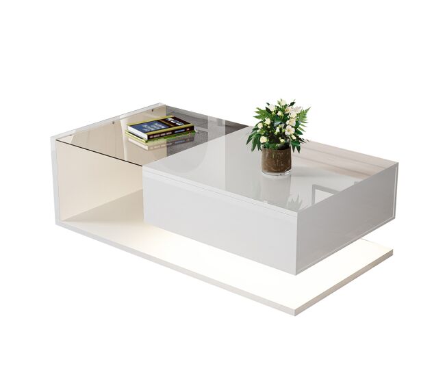 Mesa de centro moderna com gaveta deslizante e prateleira aberta, design minimalista em acabamento branco brilhante de alta qualidade. ideal para sala