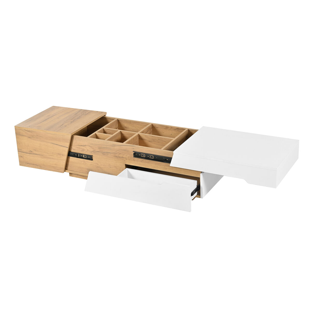 Mesa de centro moderna com gavetas deslizantes e compartimentos ocultos, design contemporâneo em carvalho e branco brilhante. ideal para sala de estar