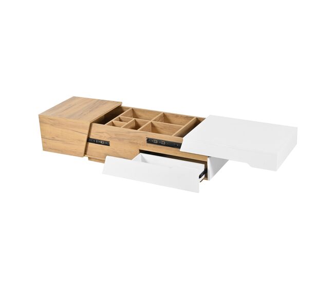 Mesa de centro moderna com gavetas deslizantes e compartimentos ocultos, design contemporâneo em carvalho e branco brilhante. ideal para sala de estar