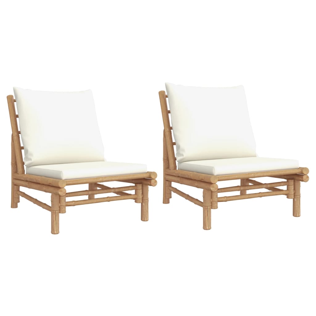 Lote de 2 cadeiras de jardim - cadeiras de exterior bambu com almofadões branco nata