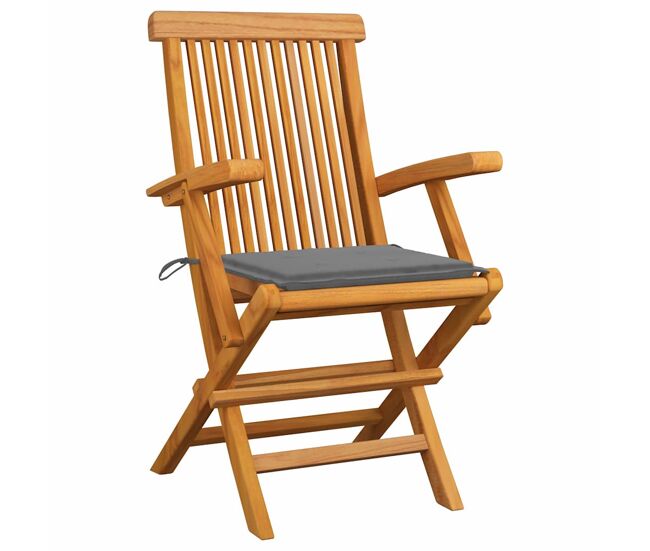 Cadeiras de jardim - cadeiras de exterior c/ almofadões cinzentos 3 pcs teca maciça