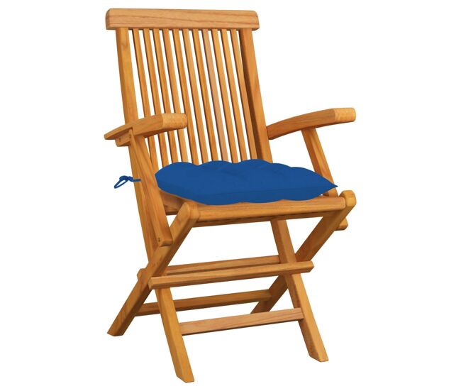 Cadeiras de jardim - cadeiras de exterior c/ almofadões azuis 3 pcs teca maciça