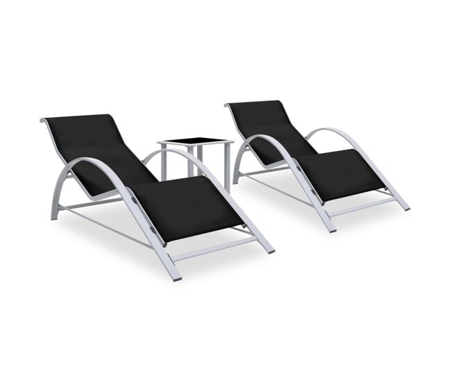 Conjunto de 2 espreguiçadeiras espreguiçadeira para banhos de sol jardim cama terraço móveis de exterior com mesa de alumínio preto 02_0012074