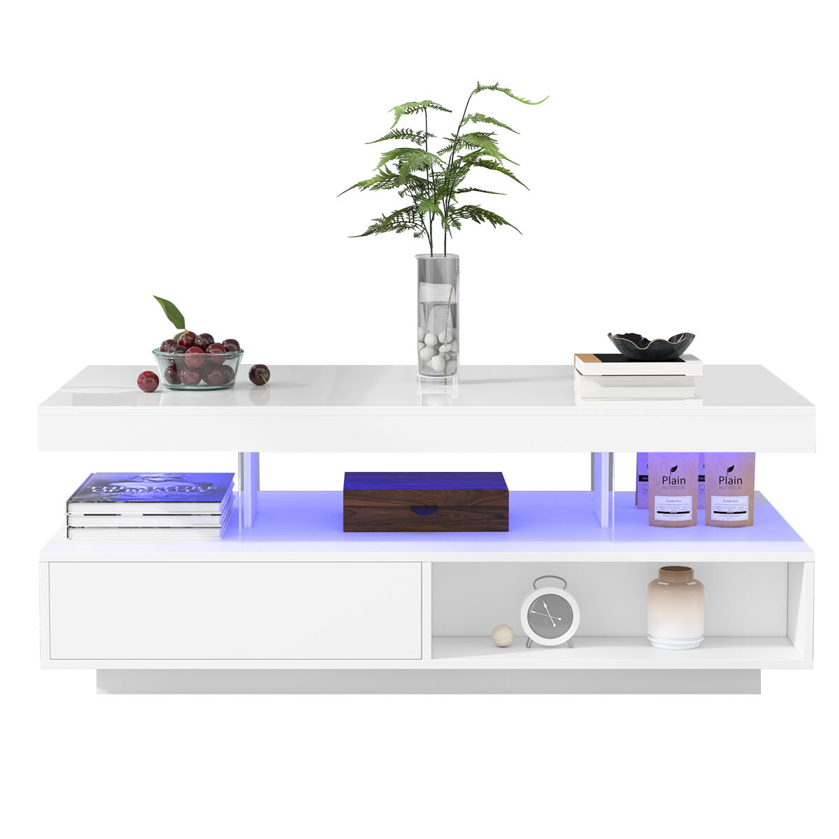 Mesa de centro retangular de painel de partículas com 2 gavetas e luz led,branco