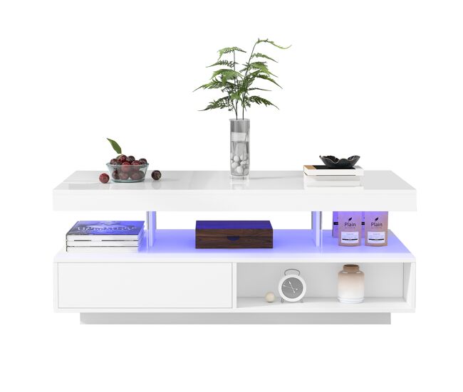 Mesa de centro retangular de painel de partículas com 2 gavetas e luz led,branco