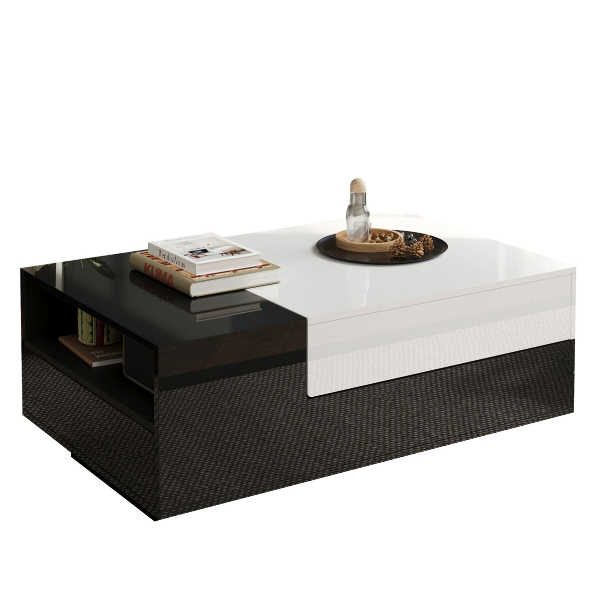 Mesa de centro retangular de painel de partículas com 2 gavetas,preto+branco