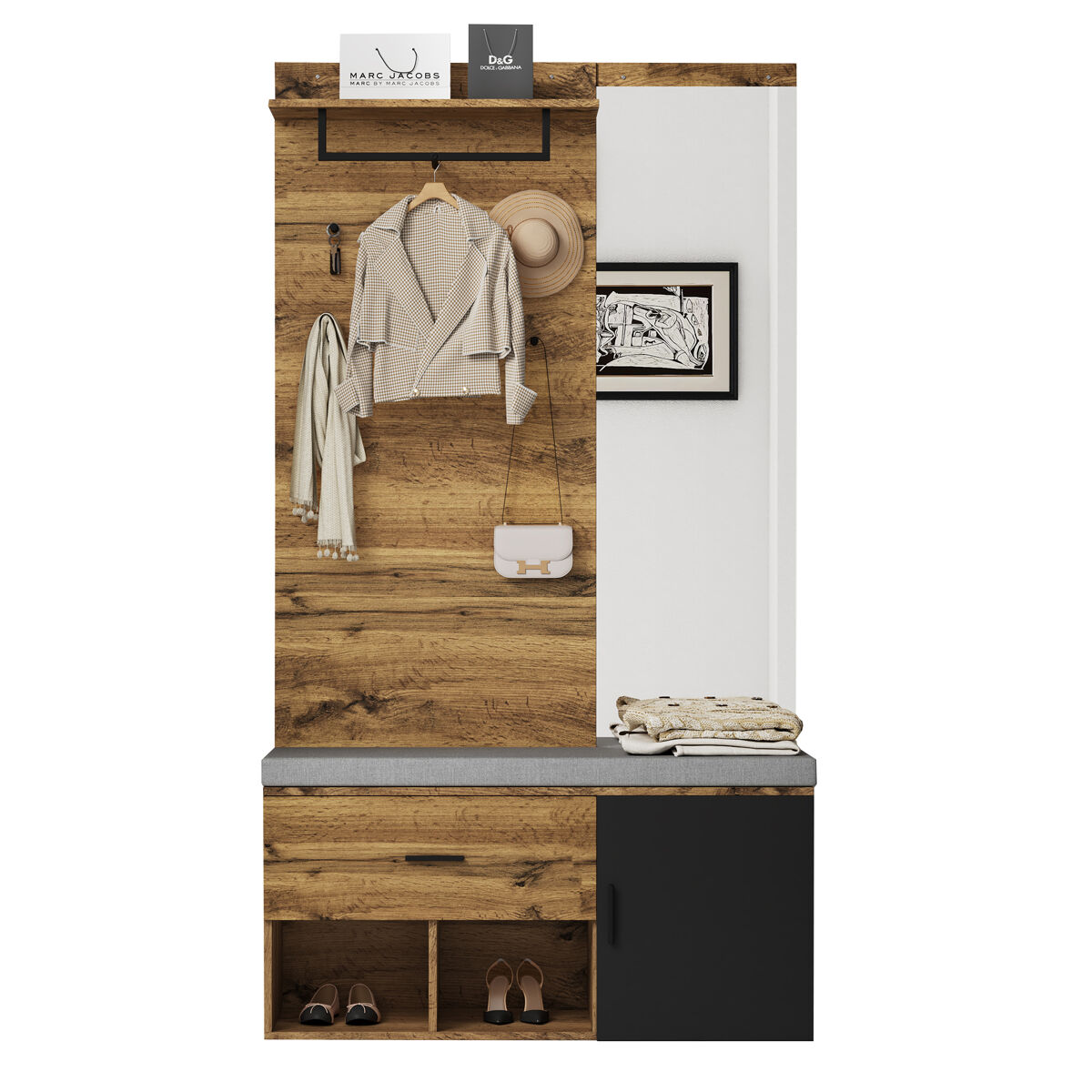 Móvel de entrada de painel de partículas com sapateira e espelho,natural+negro