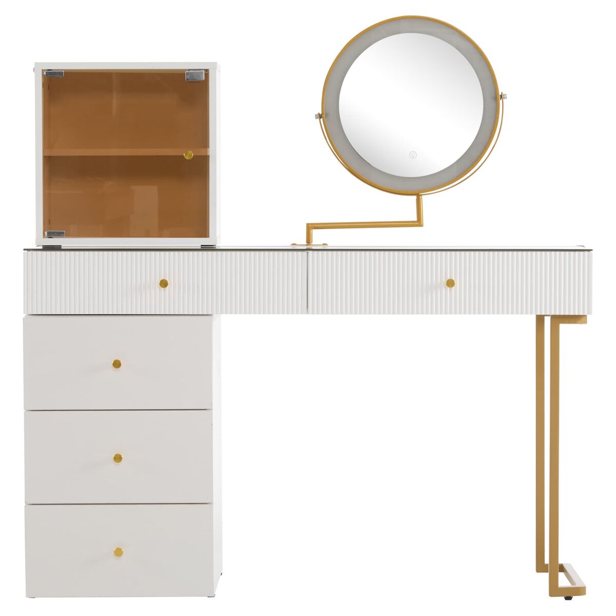 Conjunto de toucador com espelho led - 120x45x115 cm - mesa com vidro temperado, armário - branco, dourado
