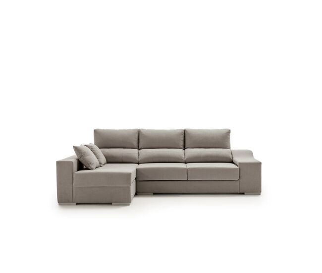 Sofá amatista plus 265 gris com chaise à esquerda, pufes e espaço para armazenamento.