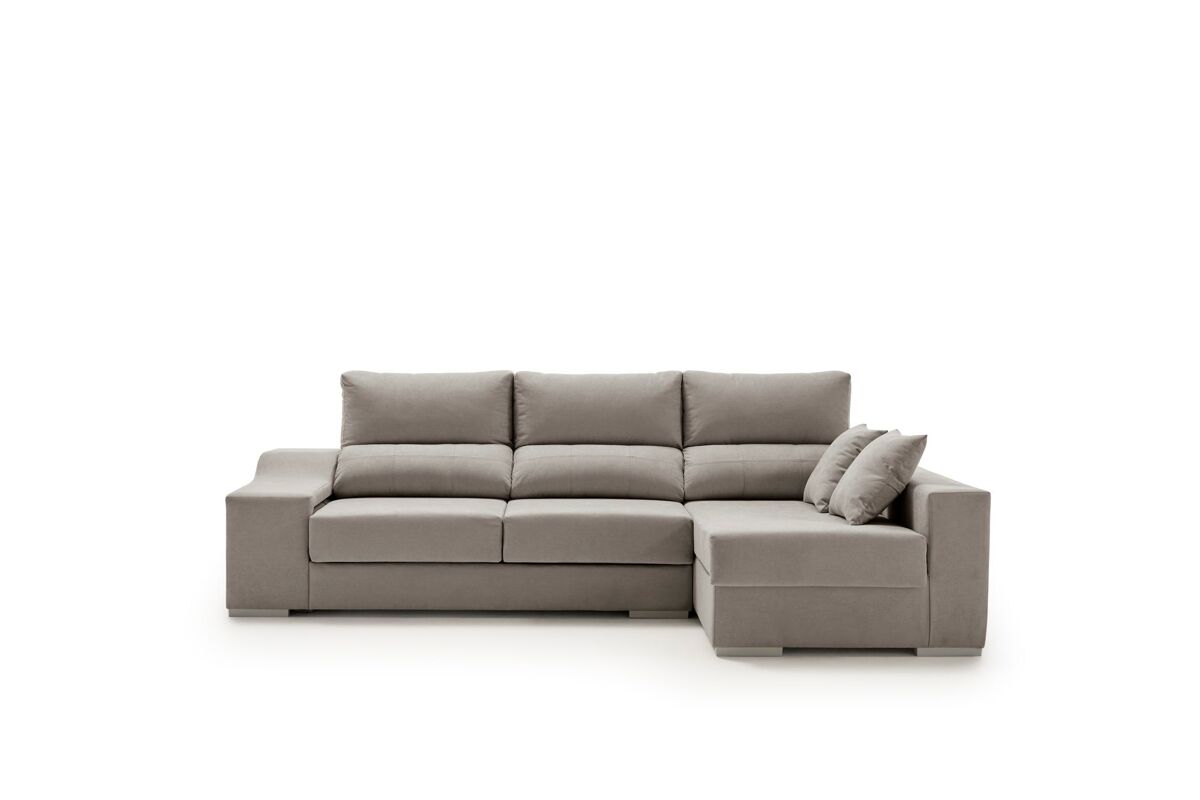 Sofá amatista plus 265 gris com chaise à direita, pufes e espaço para armazenamento.