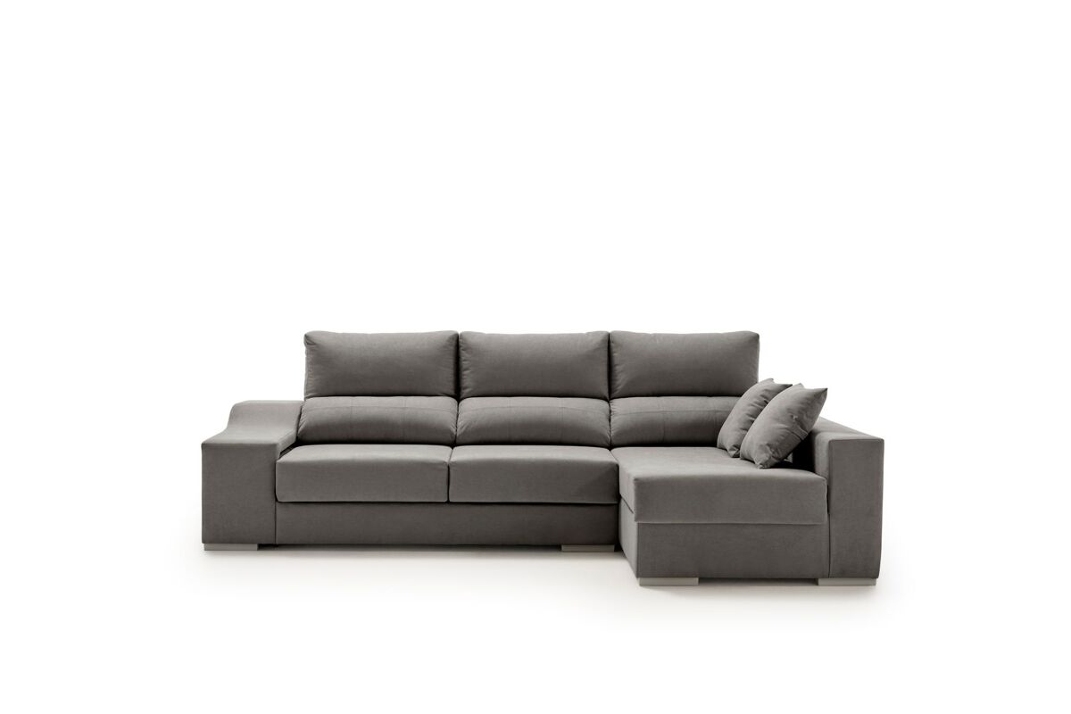 Sofá amatista plus 265 marengo com chaise longue à direita, pufes e espaço de armazenamento.