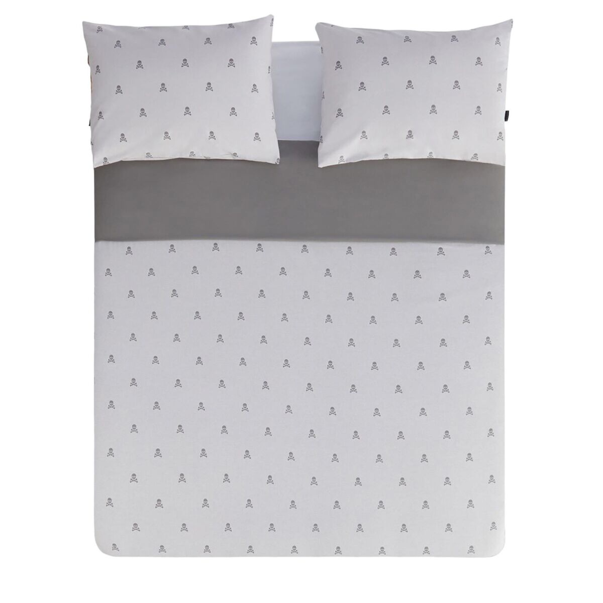 Cama definida (estojo nórdico 260x240cm + 2 tampas travesseiros 50x105cm) 100% de algodão cinza escuro e caveras cinza claro cambistas