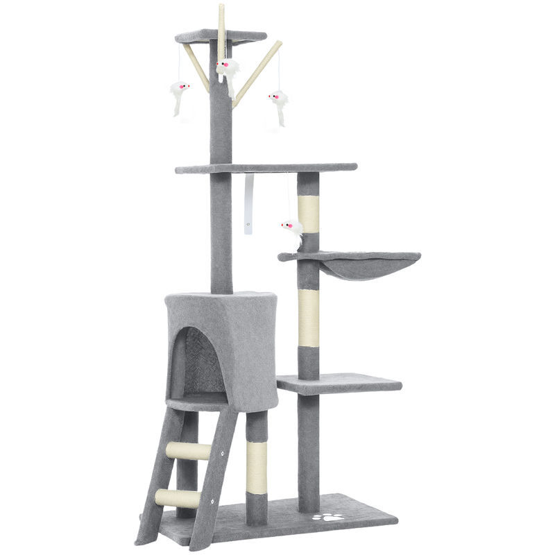 Pawhut arranhador para gatos de 134 cm torre para gatos com caverna plataformas rato de brinquedo rede e postes de sisal 60x35x134 cm cinzento