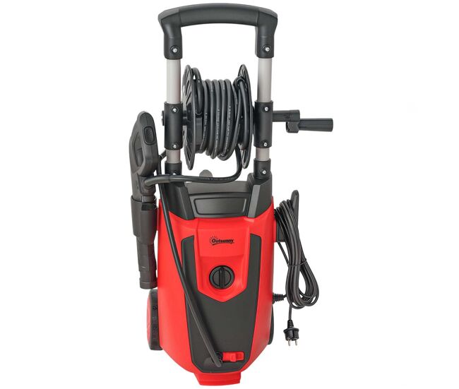 Outsunny lavadora de alta pressão 1800w pressão 150 bar caudal 420 l/h com bomba de alumínio paragem automática mangueira de 6 m inclui garrafa de
