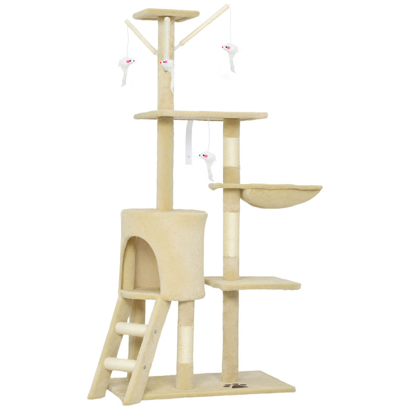 Pawhut arranhador para gatos de 134 cm torre para gatos com caverna plataformas rato de brinquedo rede e postes de sisal 60x35x134 cm bege