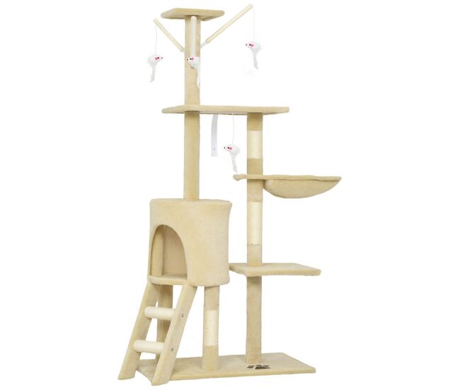 Pawhut arranhador para gatos de 134 cm torre para gatos com caverna plataformas rato de brinquedo rede e postes de sisal 60x35x134 cm bege