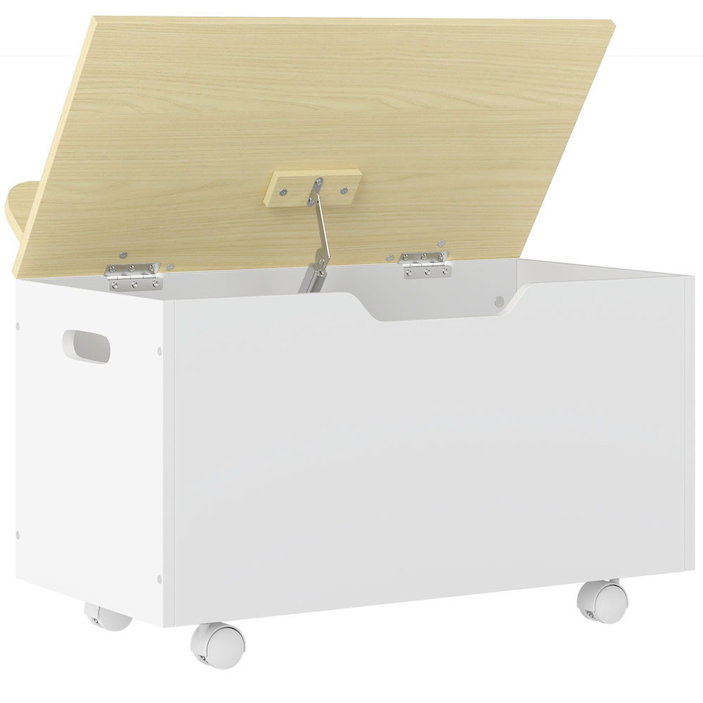 Aiyaplay baú de brinquedos com rodas baú infantil com tampa abatível e dobradiça de segurança design de nuvem para quarto sala de jogos creche 59x30x53 cm blanc e madeira