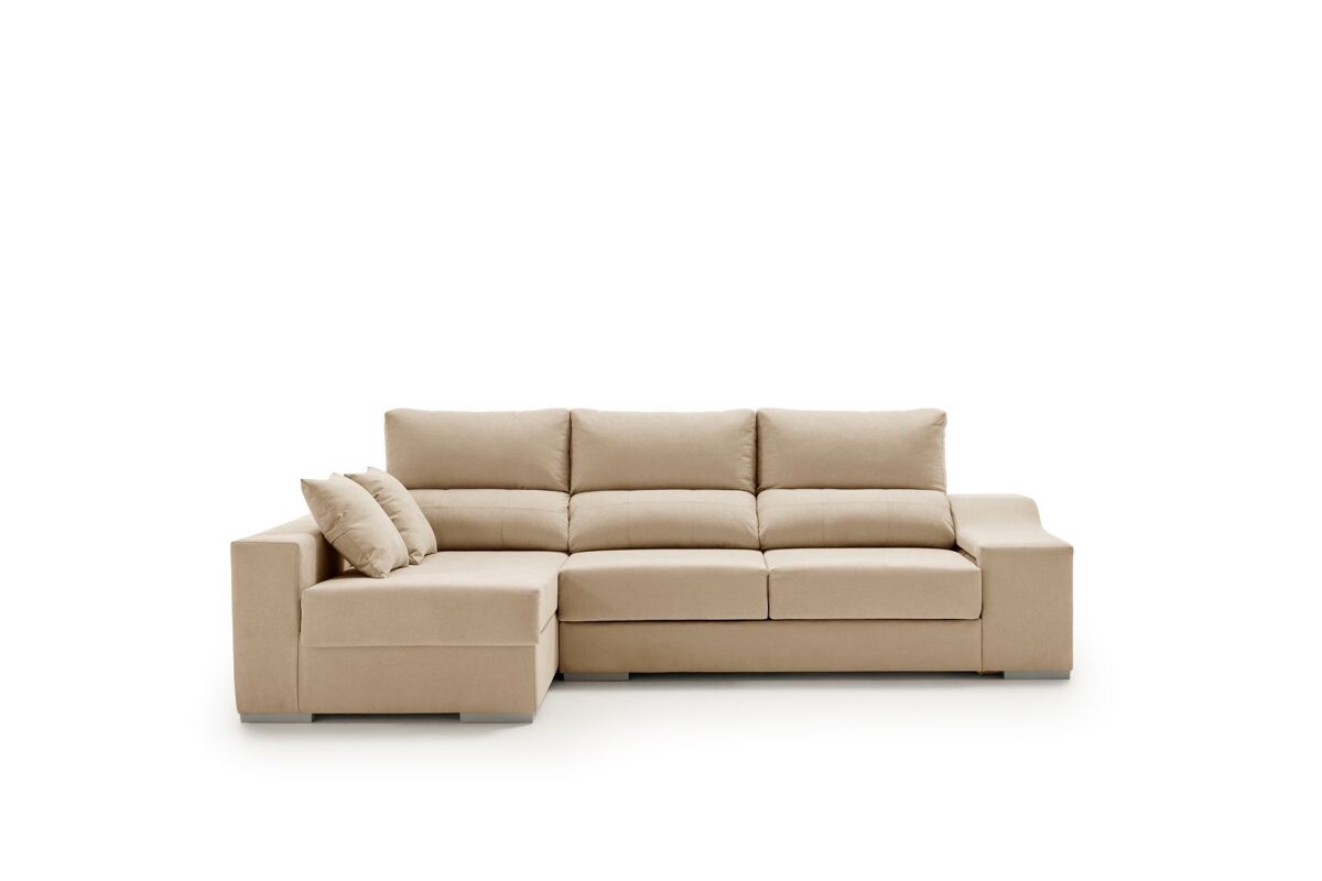 Sofá Amatista Plus 265 com chaise à esquerda, pufes e espaço de armazenamento.