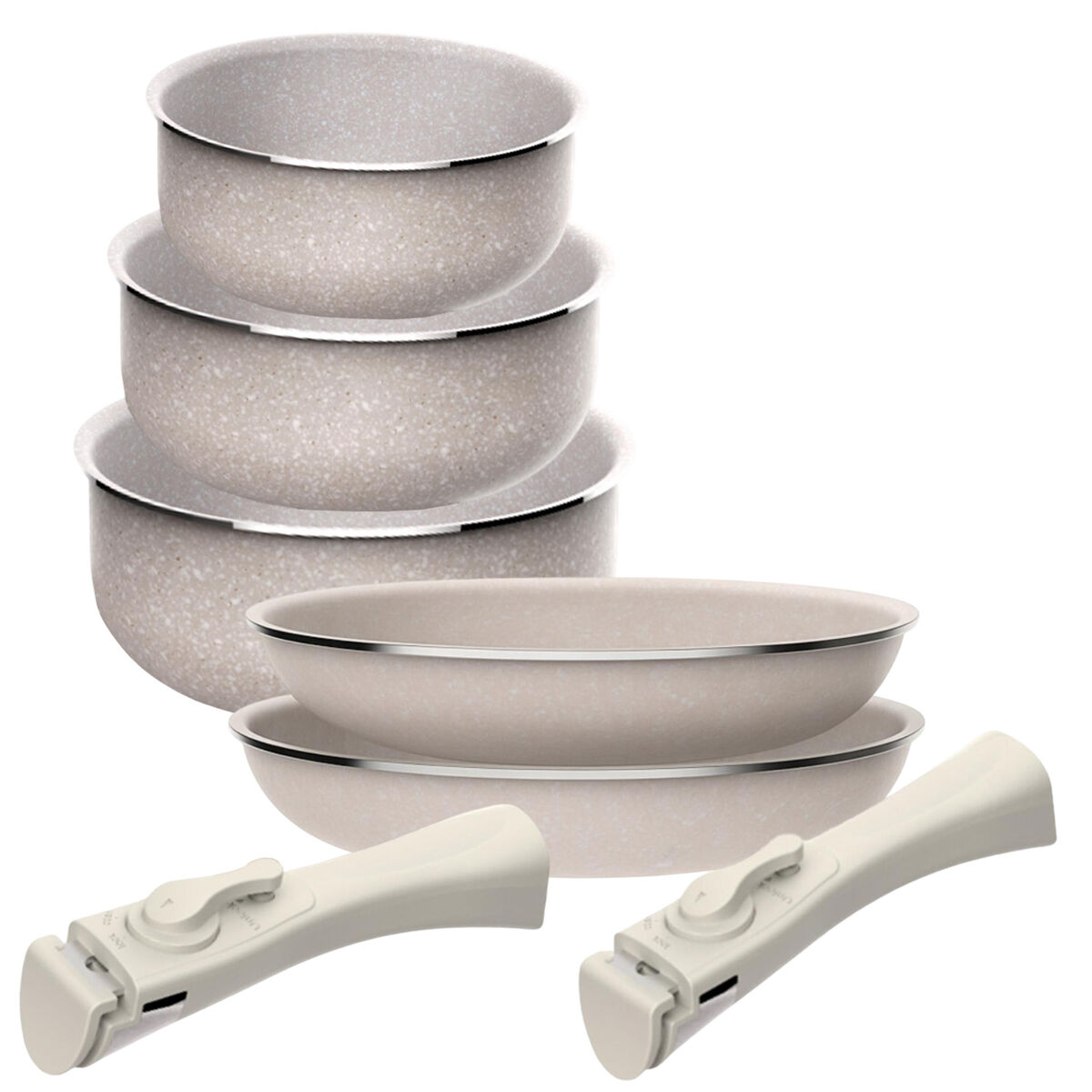 Conjunto de 2 frigideiras ø24ø28cm e 3 panelas ø16ø18ø20cm em alumínio prensado com revestimento ilag e 2 cabos amovíveis.