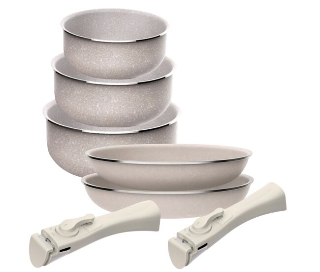 Conjunto de 2 frigideiras ø24ø28cm e 3 panelas ø16ø18ø20cm em alumínio prensado com revestimento ilag e 2 cabos amovíveis.