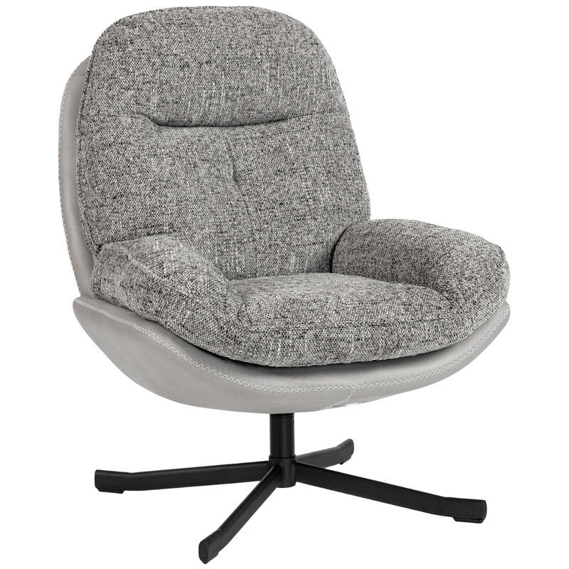 Homcom poltrona giratória moderna poltrona de sala com base cruzada estofada em chenille e couro pu assento largo duplo pernas de acier e apoios de braço poltrona relax para sala de estar quarto 78x95x99 cm gris