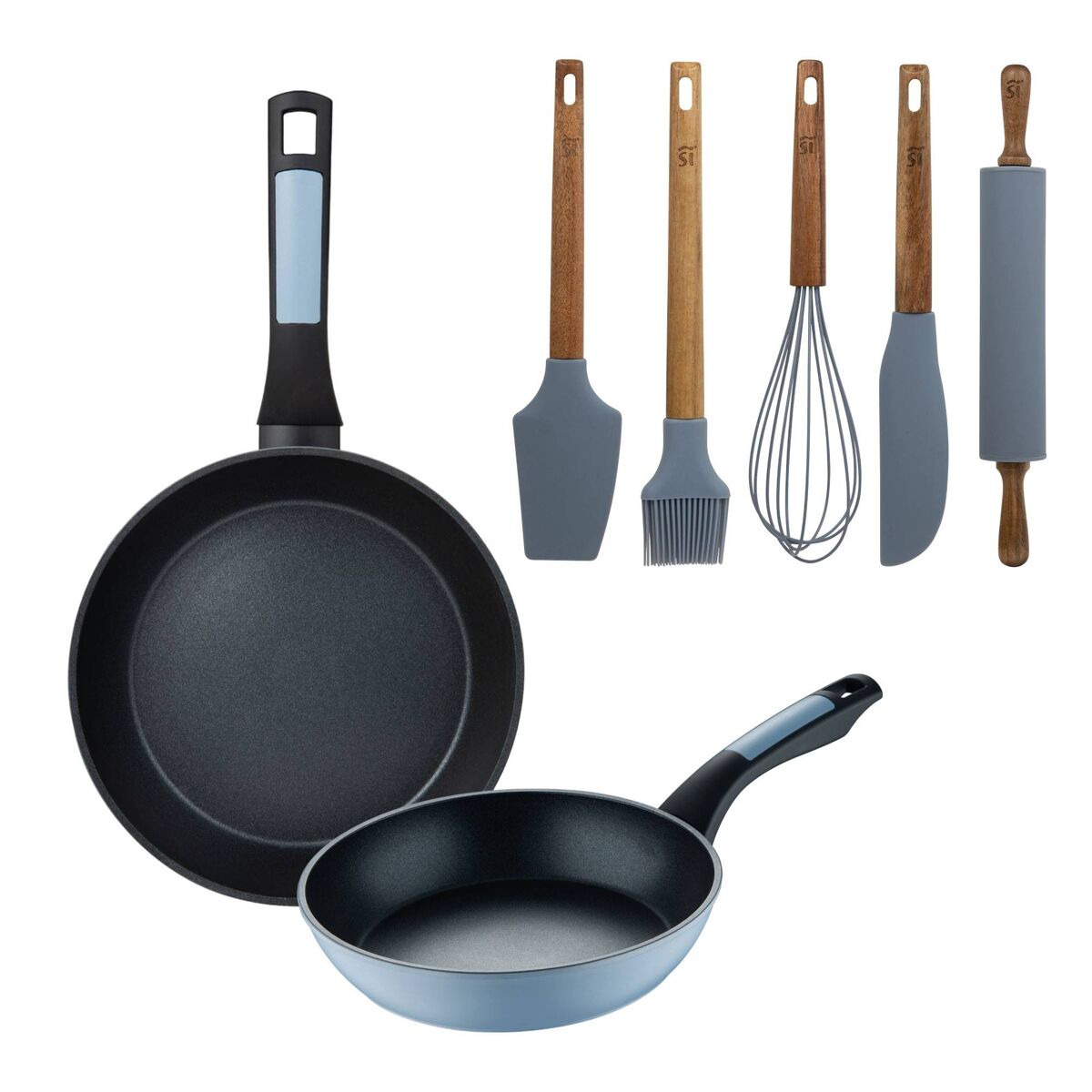 Conjunto de 2 frigideiras de alumínio prensado ø20ø26cm com 5 utensílios de silicone noia san ignacio