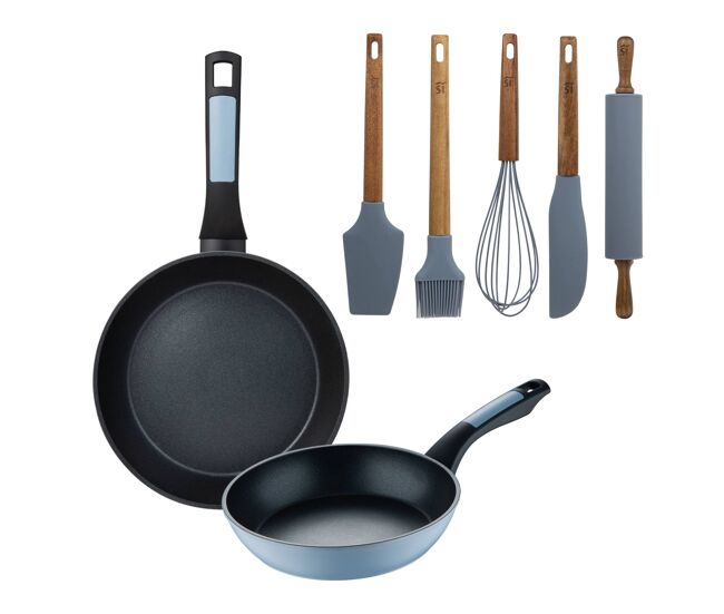 Conjunto de 2 frigideiras de alumínio prensado ø20ø26cm com 5 utensílios de silicone noia san ignacio