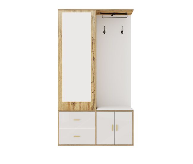 Conjunto de armário - 100x38x180 cm - com espelho, sapateira, banco com ganchos e barra extensível - branco+natural